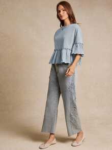 WESTFADE Slub Knit Crewneck Ruffle Sleeve Peplum T-Shirt Back To School Cute Fall Country Concert, Female Country Look - Blue - View 5