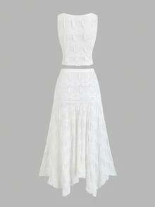 Sweetra Women's New Spring/Summer Suitable For Commuting, Travel, Daily, Vacation, Solid White Textured Fabric Minimalist Camisole And Mini Skirt Set - White - View 2