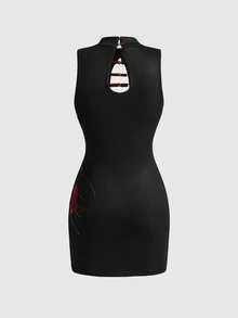 ROMWE Goth 暗黑学院风中国风宇宙花卉印花串珠修身迷你连衣裙 - 黑色 - 查看 2