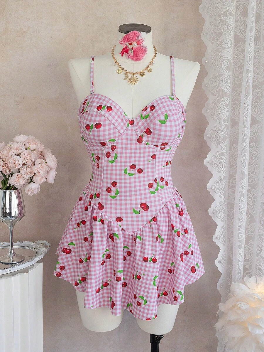 Bellisia 女士最新款时尚吊带泳衣连衣裙，带钢圈，粉色格子樱桃印花，适合春夏海滩穿着 - 粉色 - 查看 1