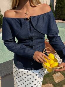 DAZY Women's Off-Shoulder Long Sleeve Open Front Casual Vacation Denim Blouse - Dark Wash - View 4