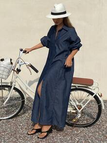 DAZY Women's Lapel Twist Back Cutout Loose Long Sleeve Maxi Denim Casual Elegant Dress - Dark Wash - View 6