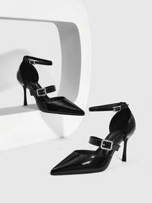 CUCCOO SZL Women's Black Patent Leather Pointed Toe Stiletto Heel Rhinestone Buckle Double Strap Sexy Date Night Fashion High Heels - Black - View 2