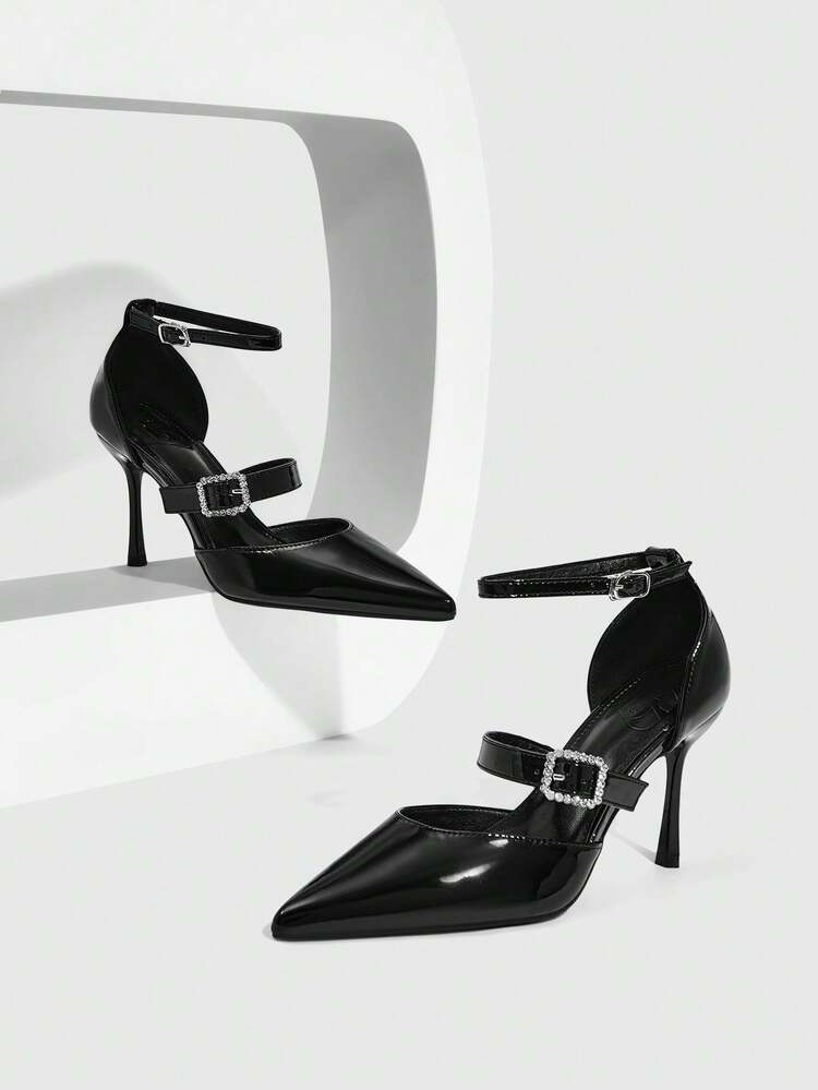 CUCCOO SZL Women's Black Patent Leather Pointed Toe Stiletto Heel Rhinestone Buckle Double Strap Sexy Date Night Fashion High Heels