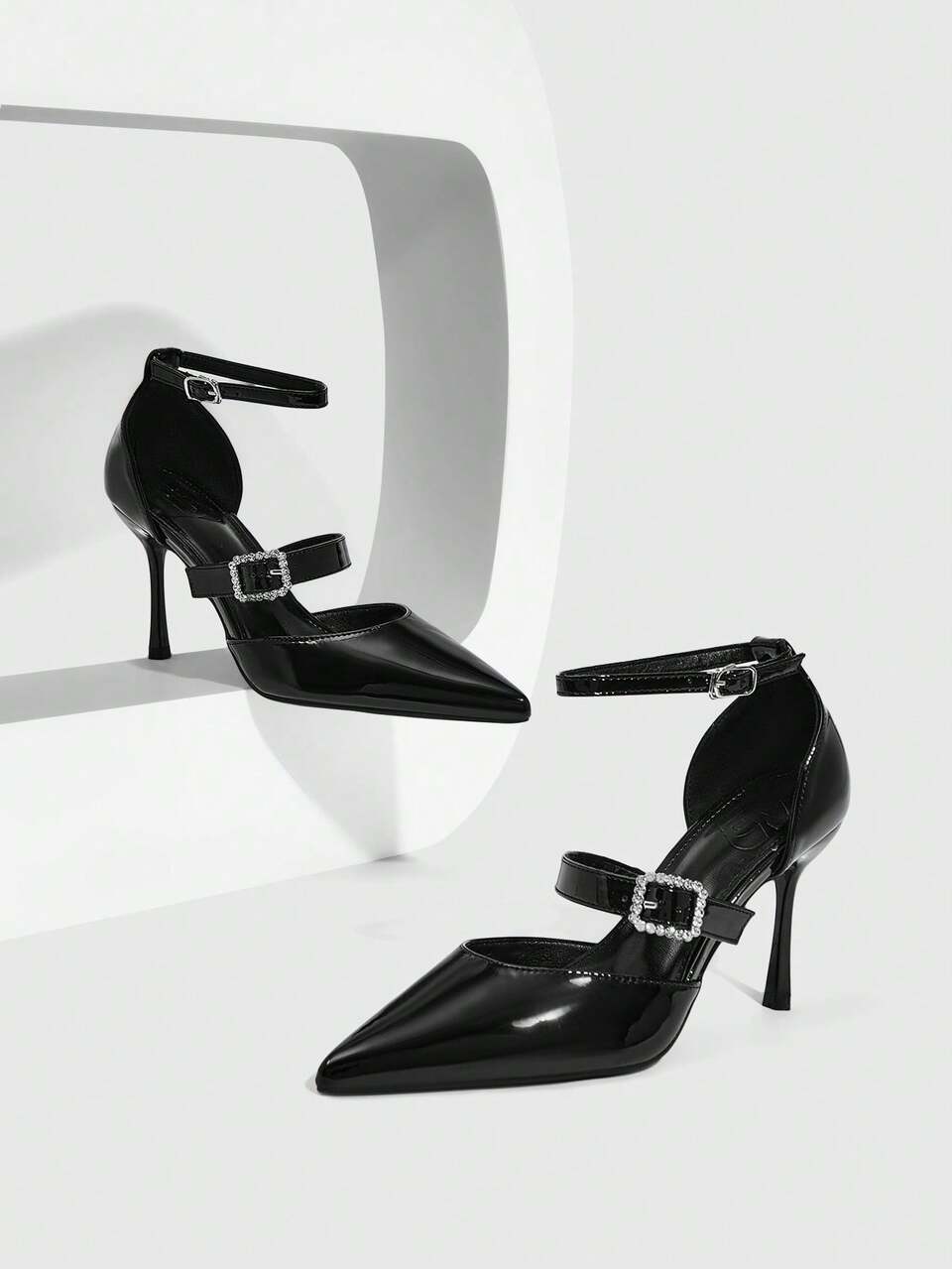 CUCCOO SZL Women's Black Patent Leather Pointed Toe Stiletto Heel Rhinestone Buckle Double Strap Sexy Date Night Fashion High Heels