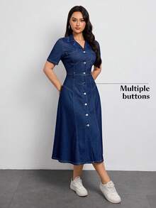 SHEIN Tall Women's Collared Single-Breasted Waist-Cinched Elegant Denim Dress For Dates And Outings - Dark Wash - View 3