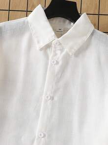 青少年男士绅士风白色领亚麻混纺长袖衬衫，百搭绅士装扮，适合商务、上学、生日派对、日常休闲穿着，优雅简约设计。 - 白色 - 查看 6