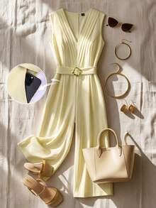Franclia 大码女式优雅通勤简约纯色V领褶皱无袖宽松阔腿连体裤，配腰带，春夏款 - 鵝黃色 - 查看 1