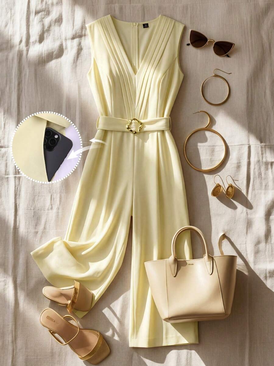 Franclia 大码女式优雅通勤简约纯色V领褶皱无袖宽松阔腿连体裤，配腰带，春夏款 - 鵝黃色 - 查看 1