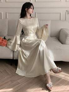 DAZY Đầm maxi tay bồng màu trơn thanh lịch dành cho nữ, đầm dự tiệc cưới mùa xuân, đầm maxi mùa hè. - Màu be - Xem 7