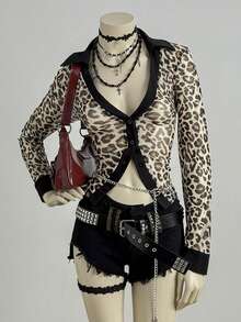 EgrlEra Leopard Print Trim Long Sleeve Sexy Fitted Shirt - Multicolor - View 6