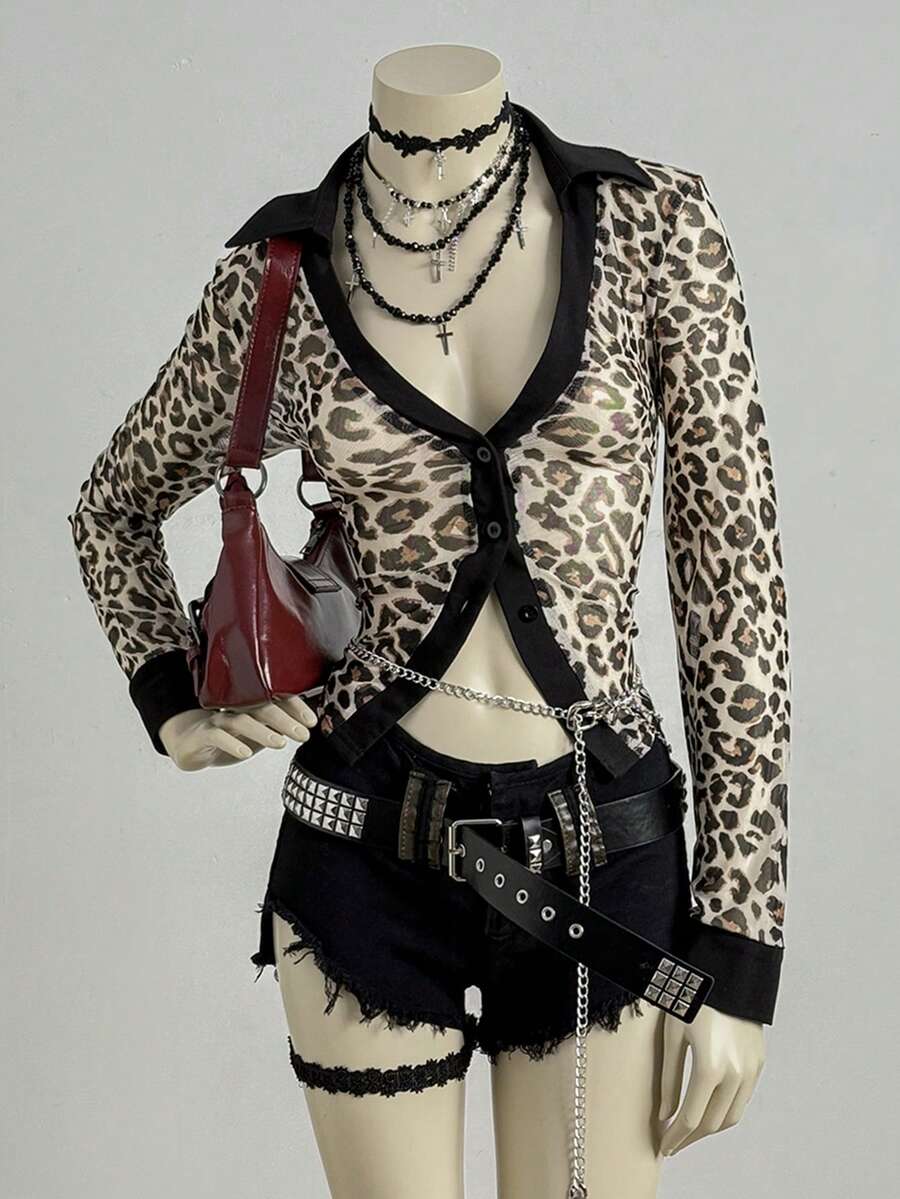 EgrlEra 豹纹滚边长袖性感修身衬衫 - 彩色 - 查看 1