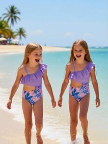 SHEIN 女童吊带荷叶边不对称镂空蝴蝶结装饰连体泳衣，夏季 - 彩色 - 查看 4