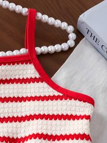 SHEIN Genkimix Kids 女童夏季新款简约黑白条纹黑色抽绳拼接连体裤，饰有蝴蝶结，休闲运动风连体衣 - 紅色 - 查看 6