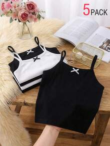 SHEIN 5件/包 女童白色牛奶丝面料简约吊带蝴蝶结吊带背心，休闲舒适针织打底衫，可作外套穿着 - 黑與白 - 查看 4