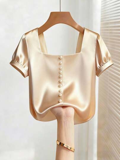 Franclia 优雅法式缎面衬衫，面料顺滑，香槟色纯色，方领，短袖，温柔修身，适合工作、上学、办公室、正式和休闲场合，经典夏季新款女式衬衫