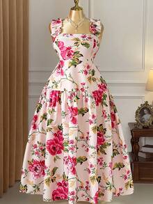 Rometta Đầm maxi cỡ lớn cổ vuông, dây mảnh, viền bèo nhún, eo thấp, dáng chữ A ôm sát, thích hợp cho kỳ nghỉ xuân/hè, kiểu Pháp thanh lịch, in họa tiết nhuộm tie-dye. - Nhiều màu - Xem 8