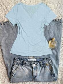 INAWLY Áo thun ngắn tay cổ chữ V in hoa, kiểu dáng thường ngày, thích hợp cho mùa hè. - Màu xanh nhạt - Xem 2