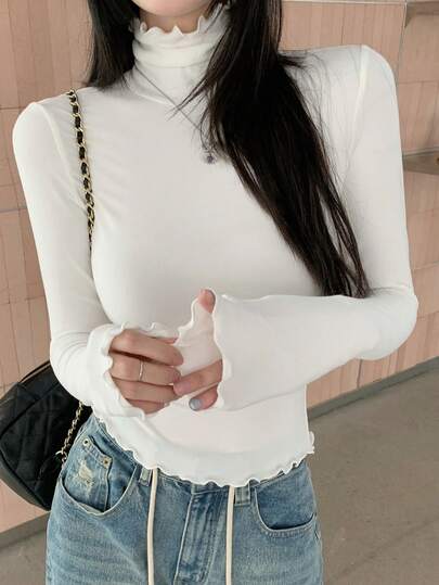 DAZY 新款秋季女士纯色荷叶边高领长袖修身T恤