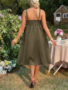 SHEIN Maternity Summer Casual Vacation Solid Color Single-Breasted Cami Dress - Army Green - View 2
