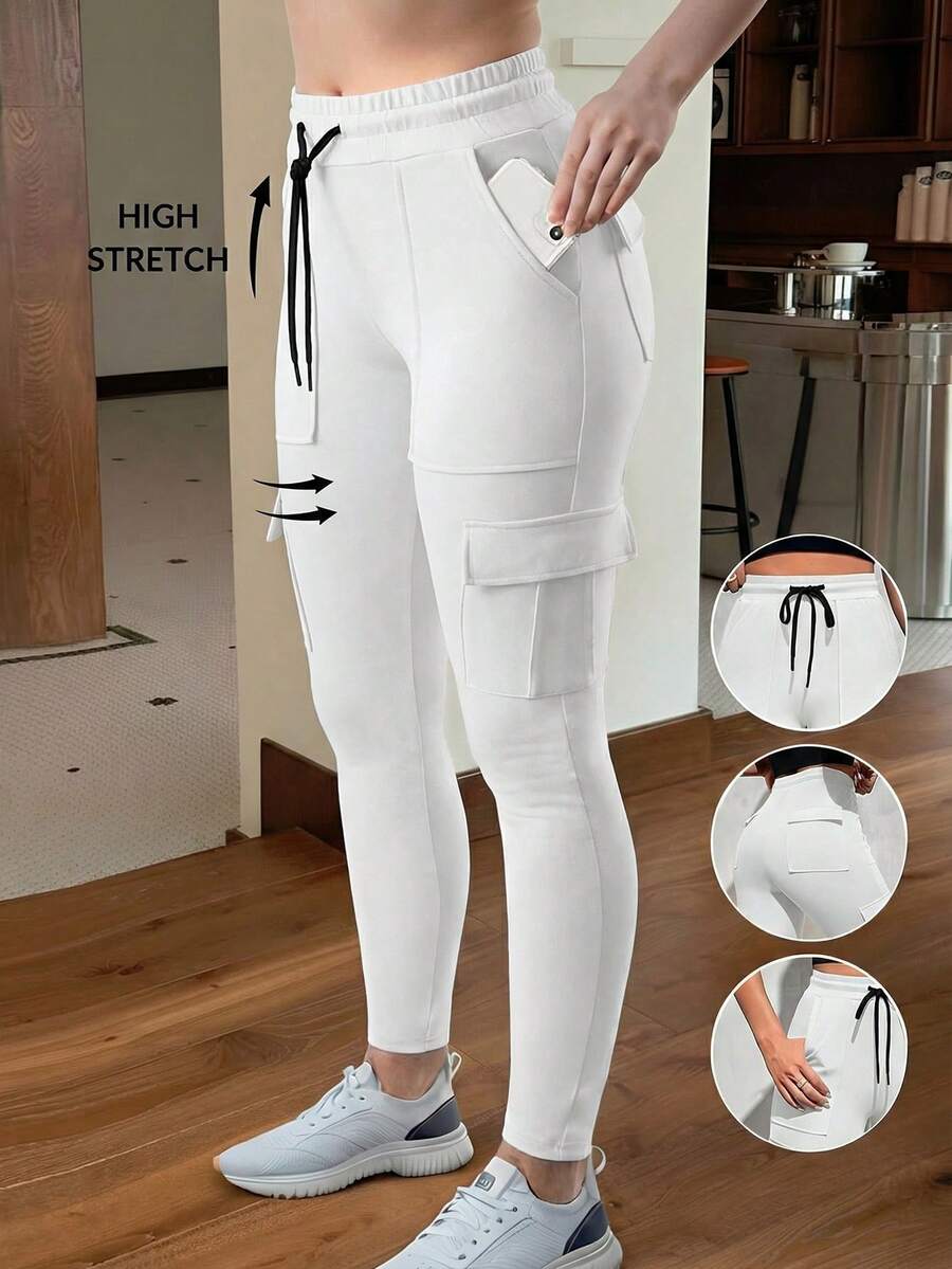 SHEIN EZwear Quần thể thao nữ màu trắng dệt kim dáng ôm, quần tập luyện có túi, quần jogger nữ, quần cargo nữ, quần legging có túi, quần nỉ cargo, quần jogger co giãn nữ, quần jogger trắng, quần cargo nữ, quần cargo trắng, quần jogger co giãn cao cấp dành cho nữ. - trắng - Xem 1