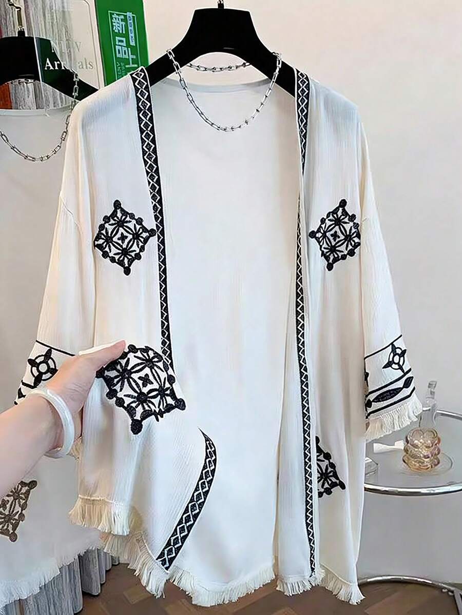 GlowEve Women's Floral Pattern Fringe Loose Open Front Regular Jacket - Multicolor - View 1