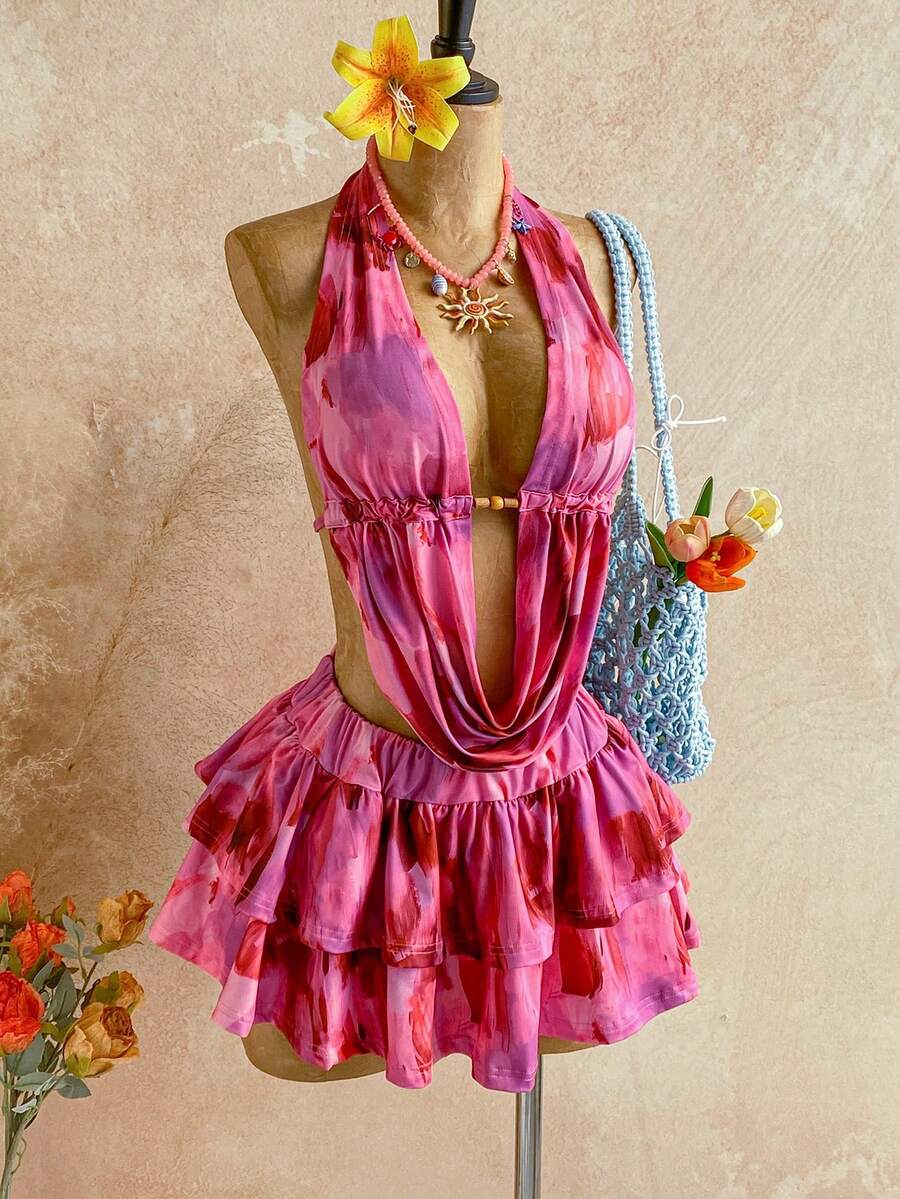 Soleia Đầm ngắn cổ chữ V khoét sâu hở lưng xếp nếp nhiều lớp họa tiết dệt kim 2 món, thích hợp cho ngày lễ, hẹn hò, trà chiều, nghỉ mát, lễ hội âm nhạc, phong cách Bohemian, lễ nhà thờ, trang phục sân bay, trở lại trường, Halloween, hộp đêm, gợi cảm, phương Tây, gothic, váy ngủ hẹn hò thu/đông, bộ đồ cổ yếm, đồ trang trí kim loại - Nhiều màu - Xem 1