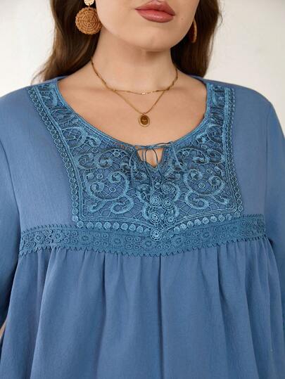 Lacomfia Plus Size Women Casual Lace Patchwork Loose Long Sleeve Shirt, Spring/Summer