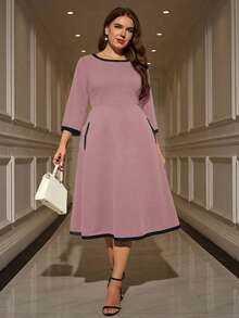 EMERY ROSE Robe ample à manches longues, col rond, style blocs de couleurs, pour femmes grandes tailles. Convient pour les sorties et les fêtes - Rose bonbon - Voir 5