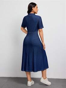 SHEIN Tall Women's Collared Single-Breasted Waist-Cinched Elegant Denim Dress For Dates And Outings - Dark Wash - View 2