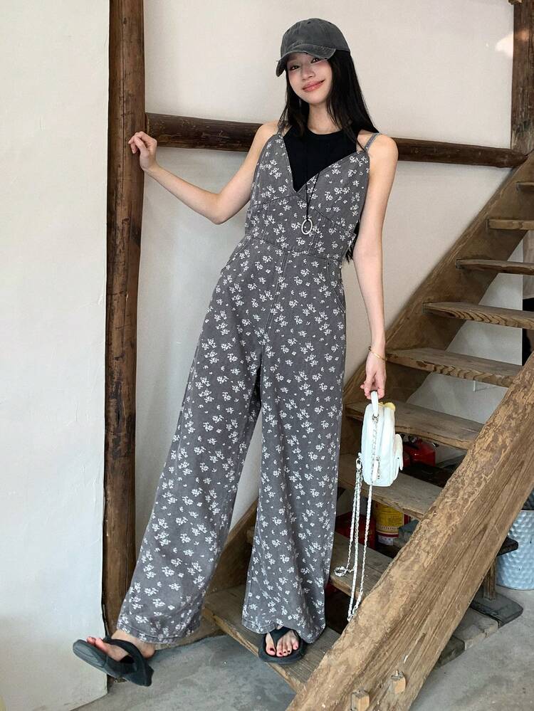 Women's V-Neck Floral Print Adjustable Strap Loose Fit Jumpsuit Summer Boho