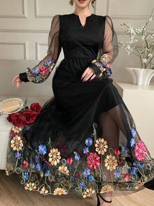 DAZY Women's V-Neck Cinched Waist Floral Embroidered Dress, Elegant Holiday Style Sundress - Black - View 1
