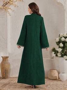 Al Najma Women's V-Neck Applique Casual Loose Party & Outing Dress - Dark Green - View 2