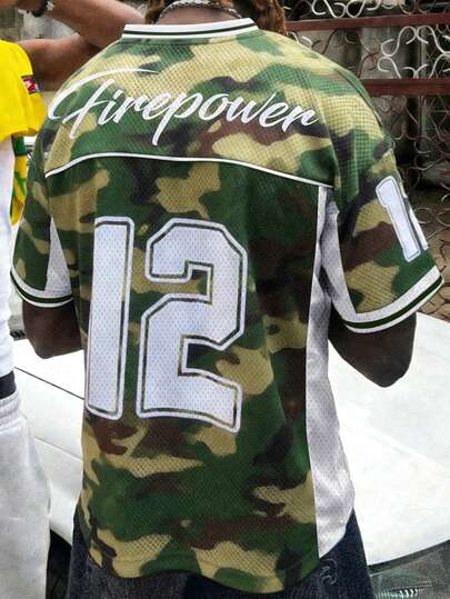 Manfinity EMRG Men's Summer Streetwear Green Camo Camouflage Oversized Football Jersey Firepower Letter Number 12 Graphic Print V-Neck Mesh Short Sleeve Y2K Vintage Festival Going Out Workout Athletic Sports Casual Top,Men's V-Neck Numeric Camouflage Print Short Sleeve Sports Jersey T-Shirt