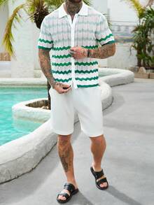 Manfinity RSRT 男士条纹短袖前开襟休闲镂空针织上衣 - 白色 - 查看 6