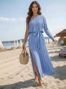 Breezaya Women's Vacation Side Slit Sheer Sexy Off-Shoulder Hollow-Out Blue Long Sleeve Knit Maxi Dress, Beach Cover-Up - Blue - View 5
