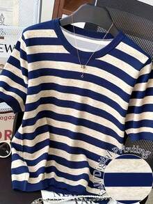 SHEIN Plus Size Summer Casual Striped Crew Neck Short Sleeve T-Shirt - Multicolor - View 1