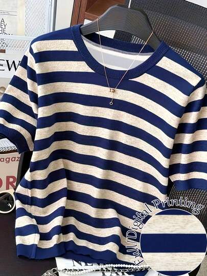 Resyla Plus Size Summer Casual Striped Crew Neck Short Sleeve T-Shirt