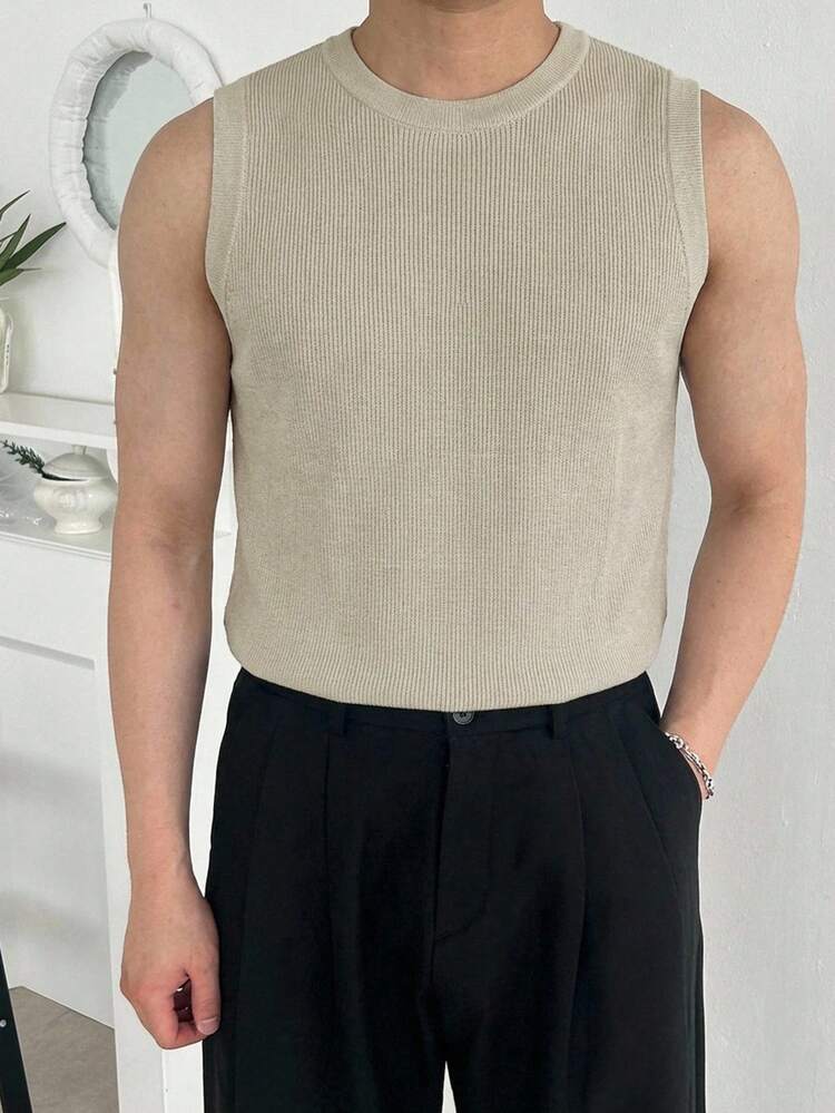 Men's Solid Color Fitted Crew Neck Tank Top, Summer
