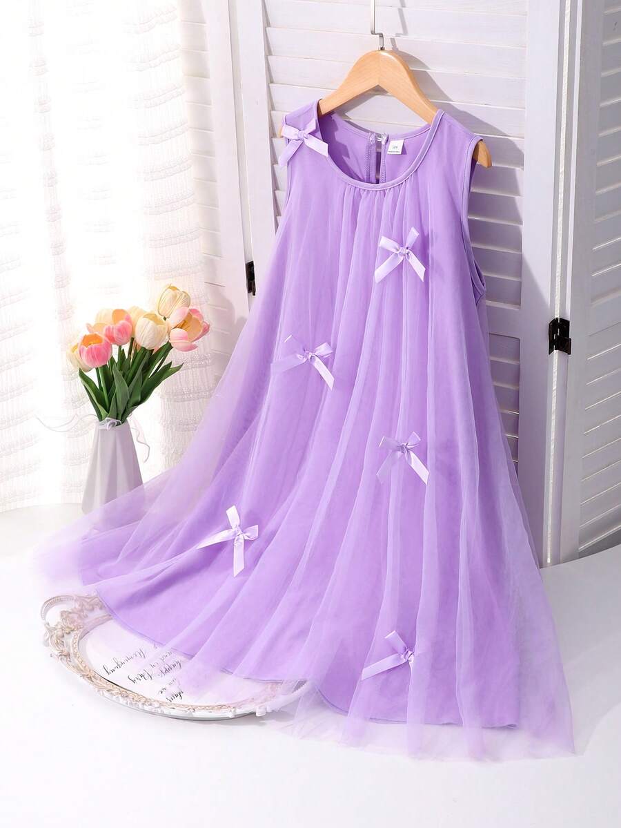 SHEIN Vestido elegante de moda para niñas con volantes y decoración de perlas en malla