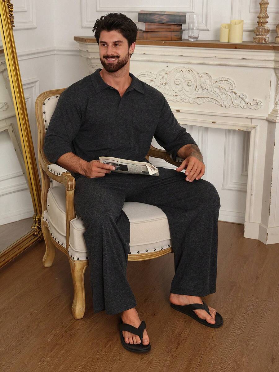 DAZY 浅灰色短袖衬衫和长裤男士家居服套装，春夏款 - 淺灰色 - 查看 1