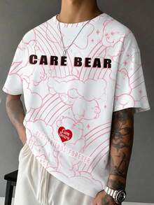 SHEIN X Care Bears Men's Casual Cute Cartoon Bear & Rainbow Letter Print Loose Fit T-Shirt, Fashionable Street Style For Daily Commute, Summer - White - View 1