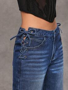 Jeanoix Y2K Women's Straight Leg Wide Leg Tie-Up Jeans - Medium Wash - View 6