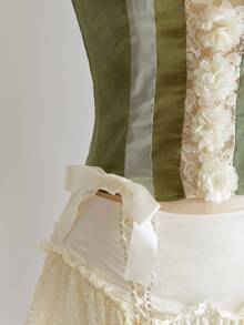 ROMWE Fairycore 女士复古仙女风精灵多色面料拼接缎面3D立体花卉胸衣上衣 - 綠色 - 查看 10