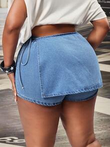 SHEIN Unity Plus Size Cowgirl, Light Blue Inelastic Sexy Short Skort, Spring For Women - Light Wash - View 2