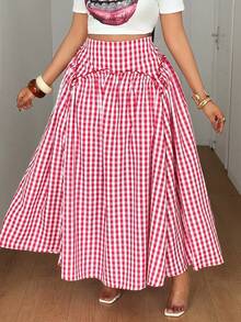 Maweii Plus Size Plaid Pleated Long Skirt, Summer Fall - Red and White - View 1