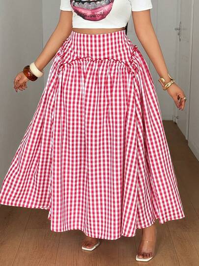 Maweii Plus Size Plaid Pleated Long Skirt, Summer