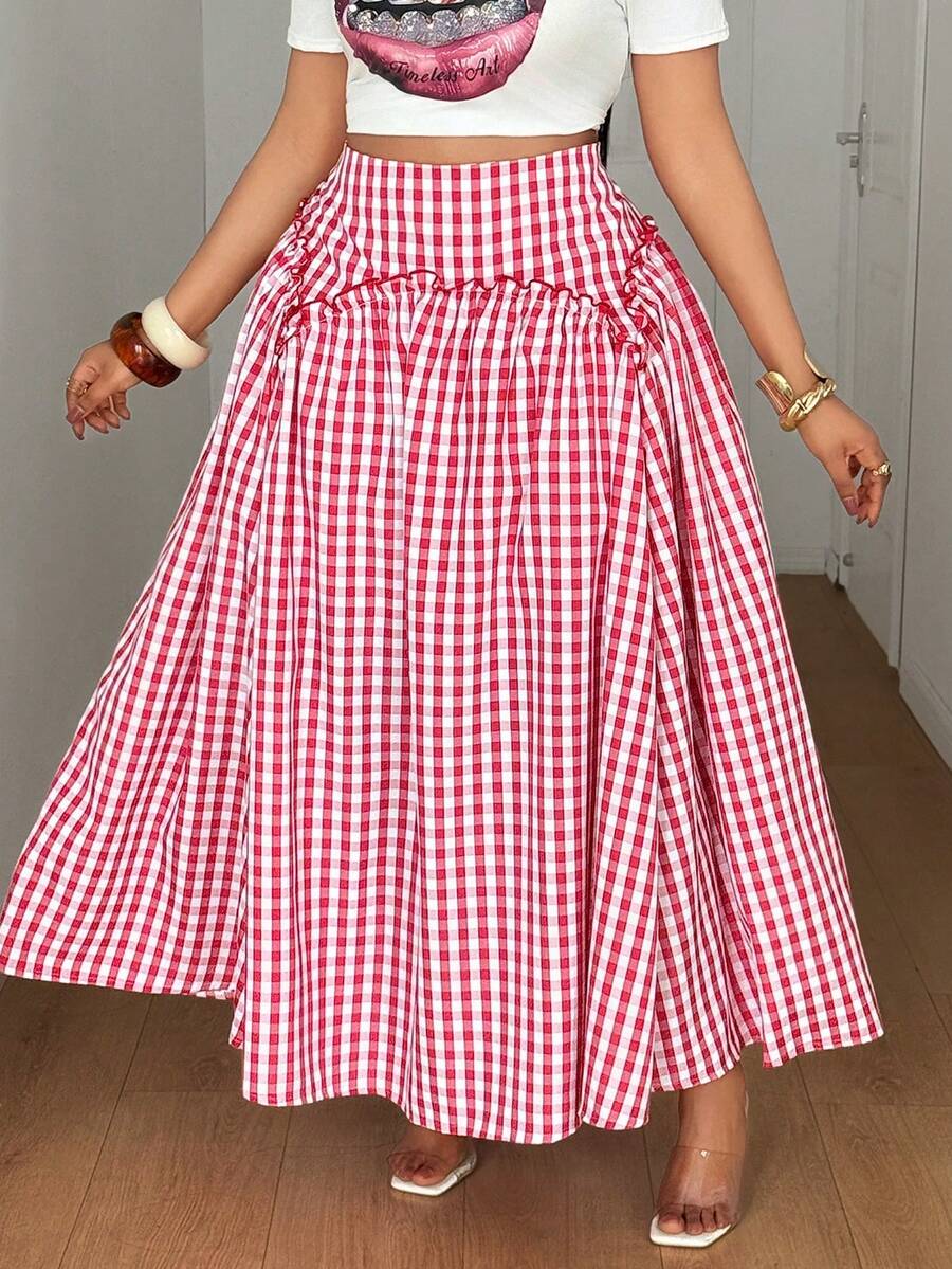 Maweii Plus Size Plaid Pleated Long Skirt, Summer Fall - Red and White - View 1