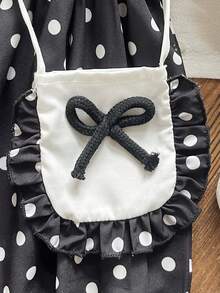 SHEIN Vintaside Kids 1件女婴舒适休闲印花荷叶边白色短袖百搭基础款连衣裙，配可爱印花包，适合春夏上学、旅行、居家、节日和日常穿着 - 黑色 - 查看 8