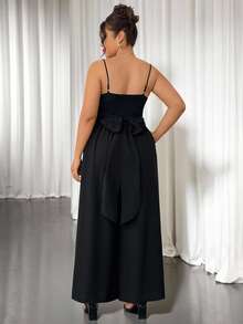 Cravure Plus Size Women's Black Summer Elegant Dinner Jumpsuit,Sleeveless Criss Cross Cami Crossover Bust Strap High-Waisted Wide Leg Woven Cropped Jumpsuit - Black - View 2